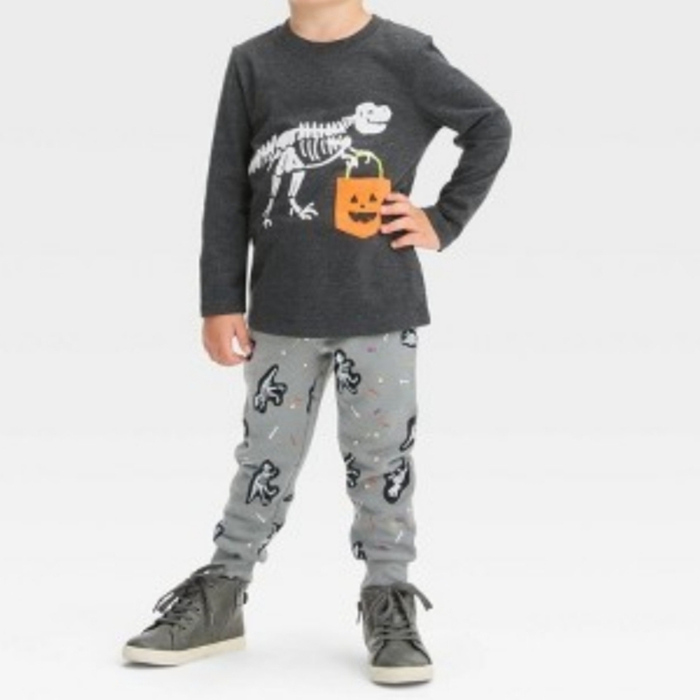 Cat & Jack Halloween Dinosaur Print Kids Joggers w/ Long Sleeve Matching Shirt